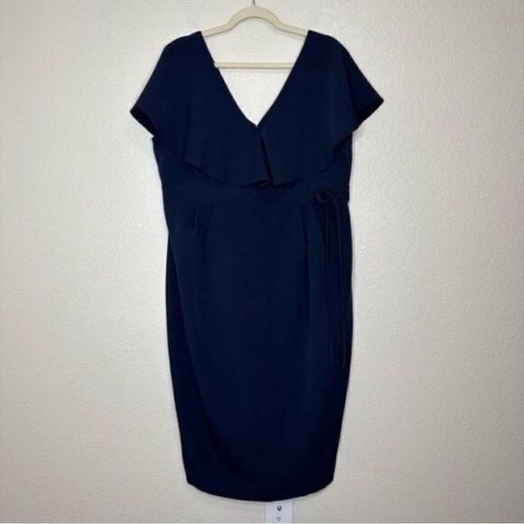 Asos Navy Blue Double V Ruffle Wrap Midi Dress, Size 14 - Picture 1 of 12